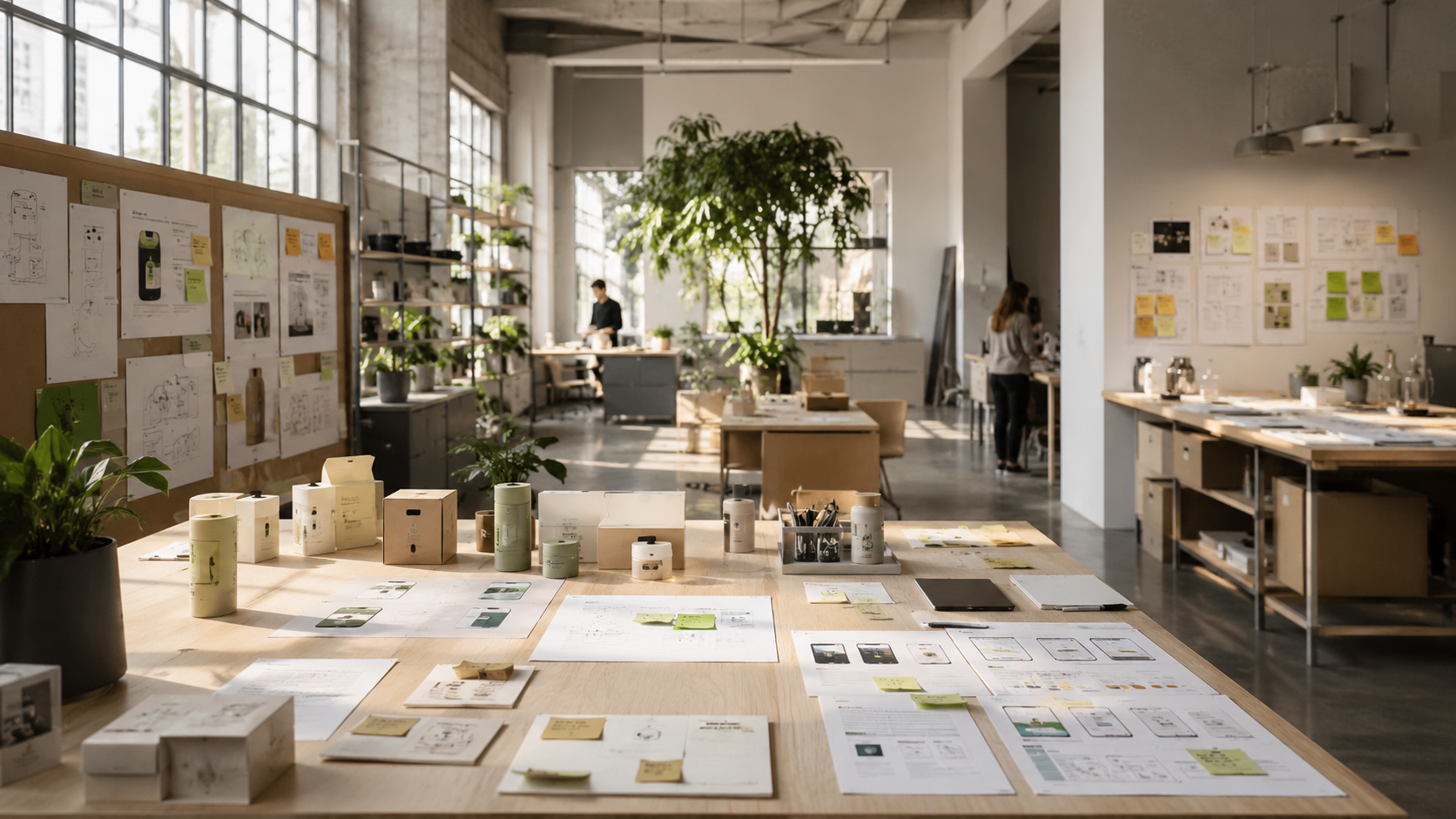 A bright innovation workshop with product mockups, research boards, and design notes.