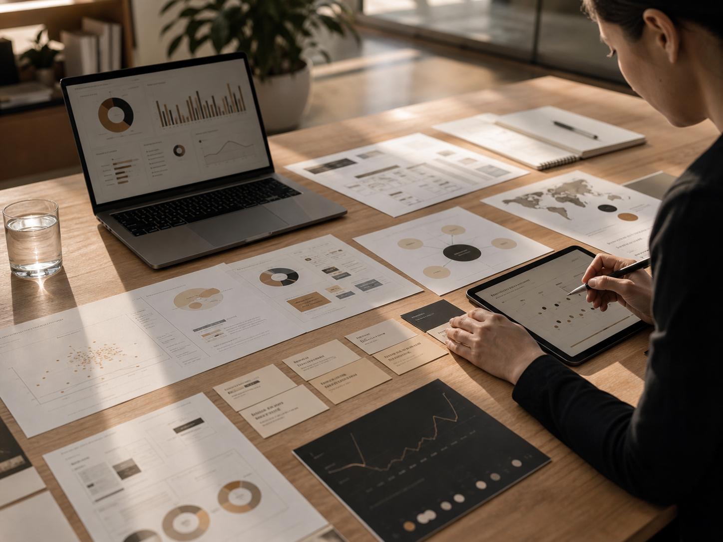 A strategist reviewing market dashboards, validation charts, and pricing assumptions across digital and printed research.