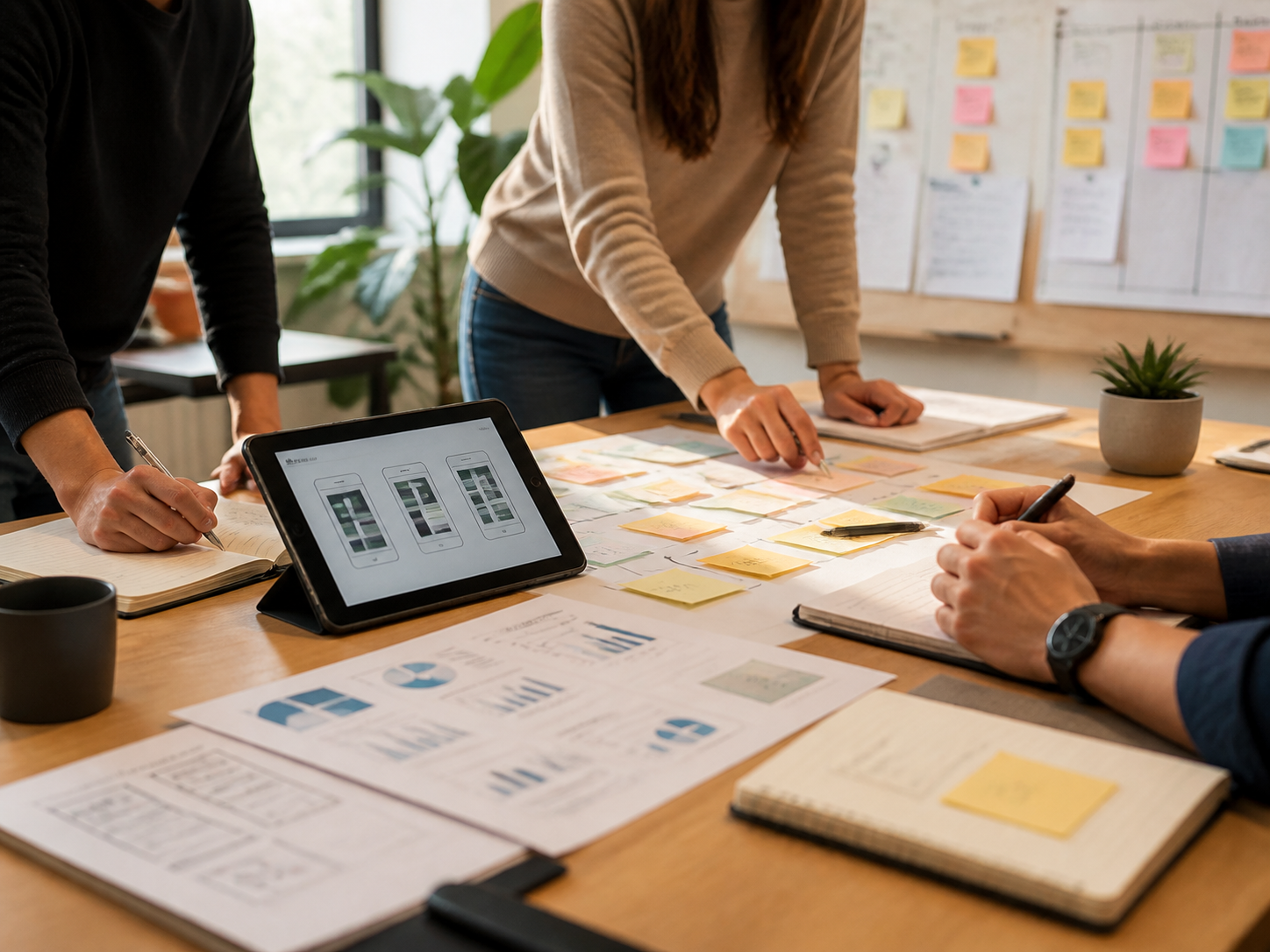A team planning an MVP launch with product sketches, tablet mockups, sticky notes, and traction metrics.
