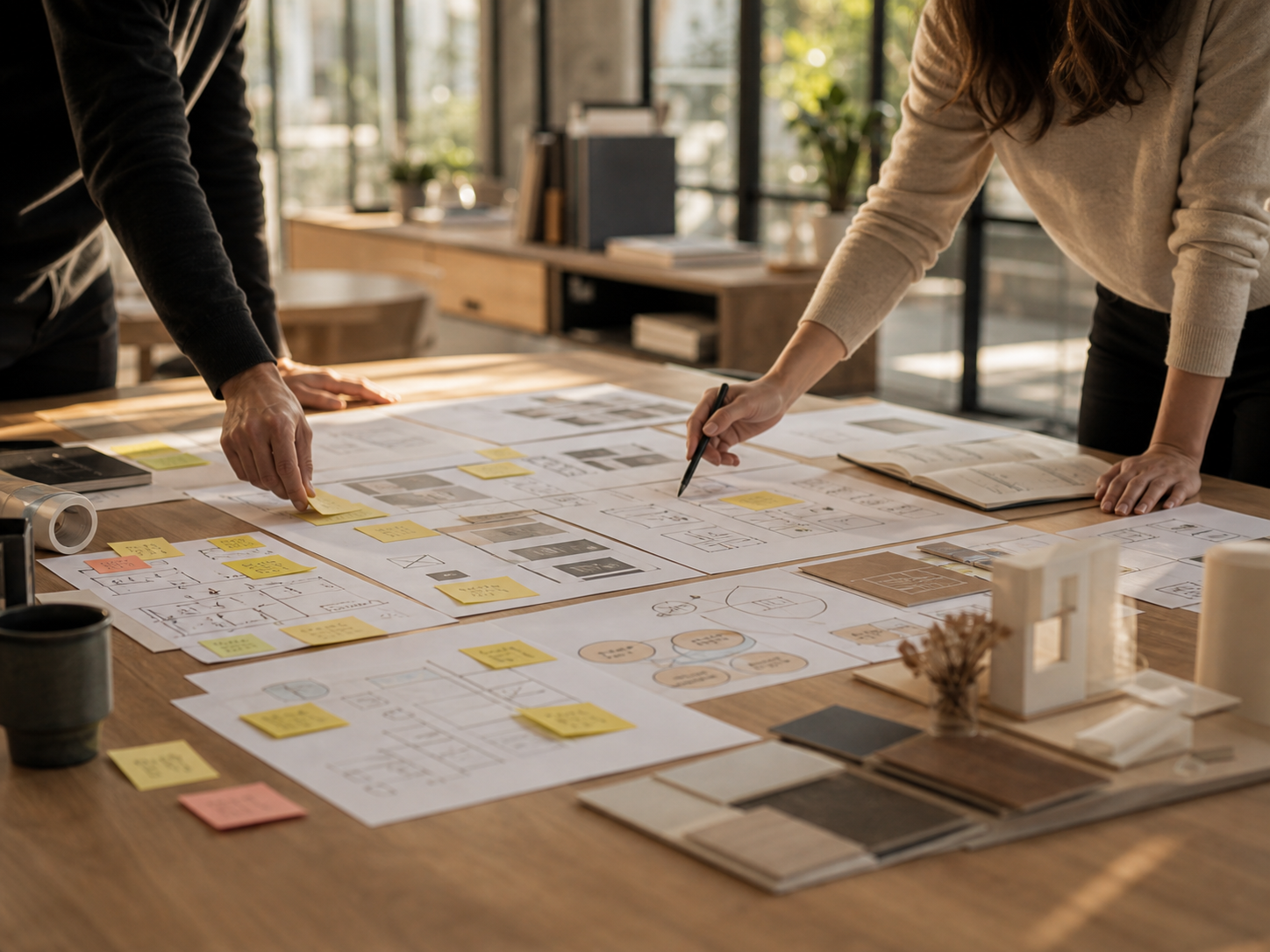 Founders and designers arranging venture maps, sticky notes, and prototype materials on a strategy table.
