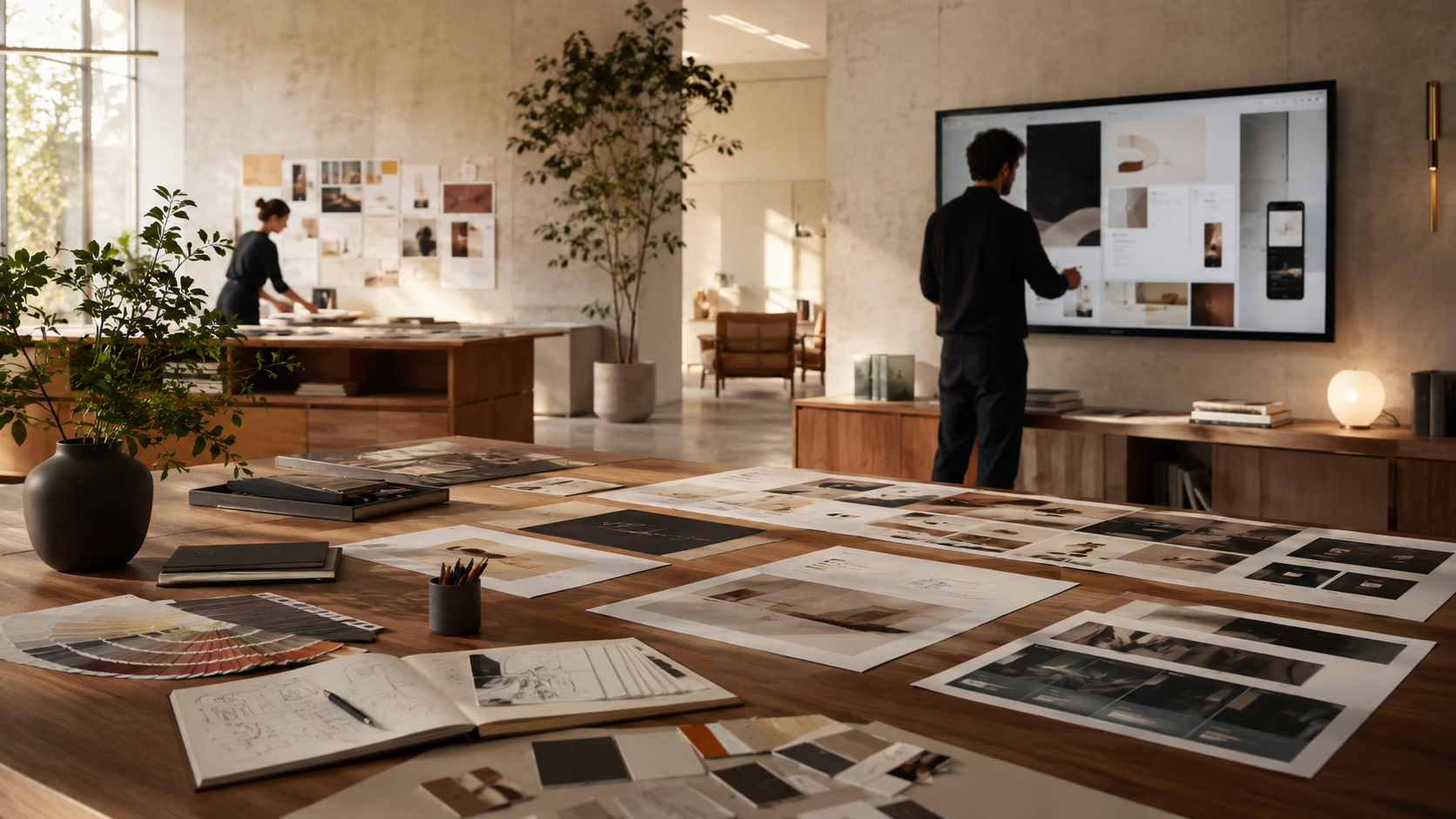 A warm creative studio with brand boards, visual layouts, and a designer presenting on screen.