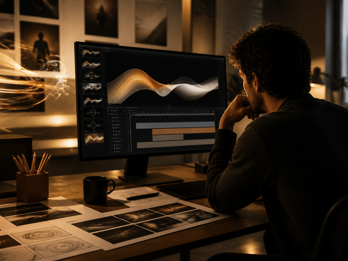 A motion designer reviewing abstract animation frames and light trails on a studio monitor.