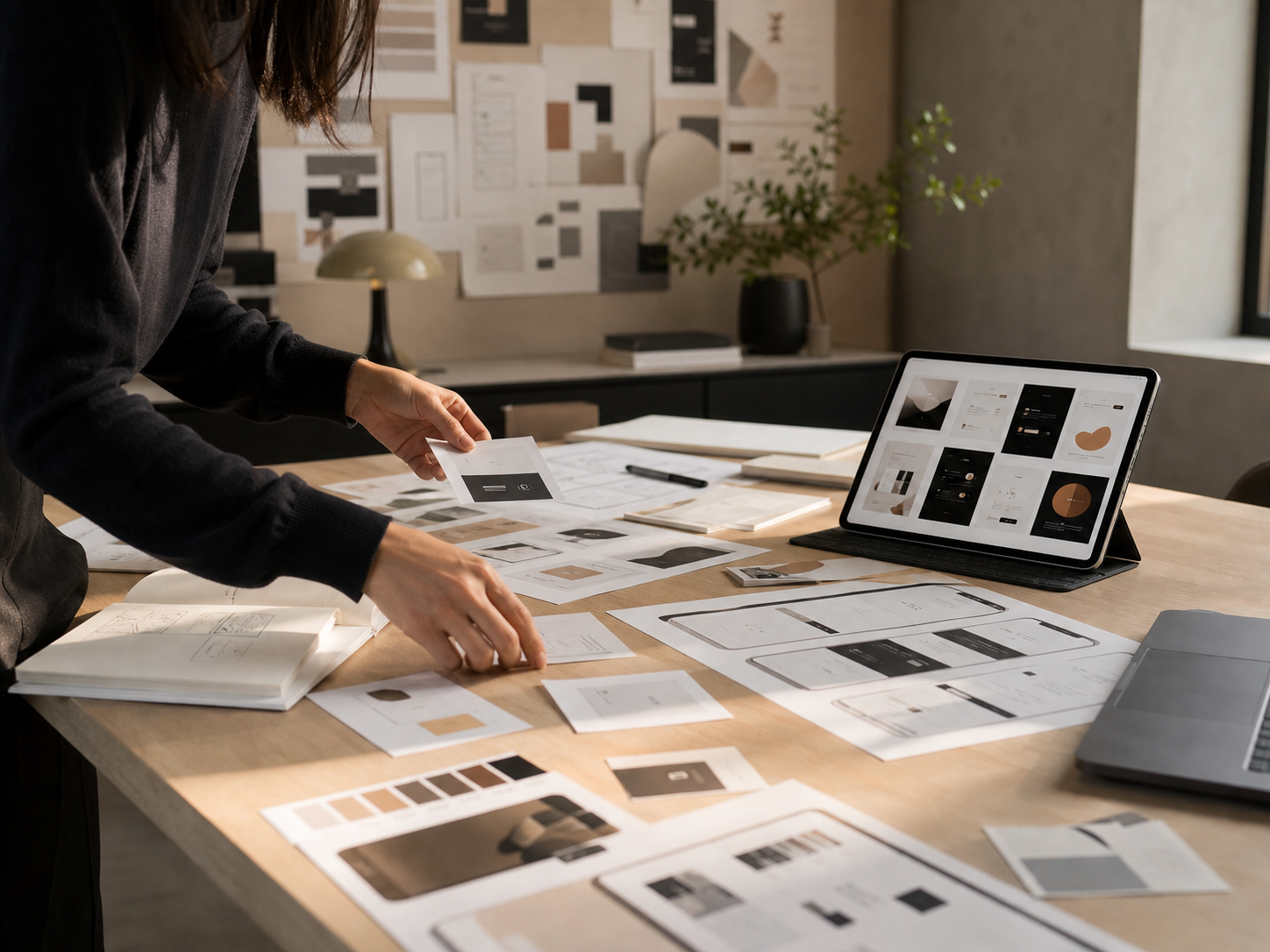 A designer arranging interface flows, app mockups, and UX notes across a tablet and studio desk.