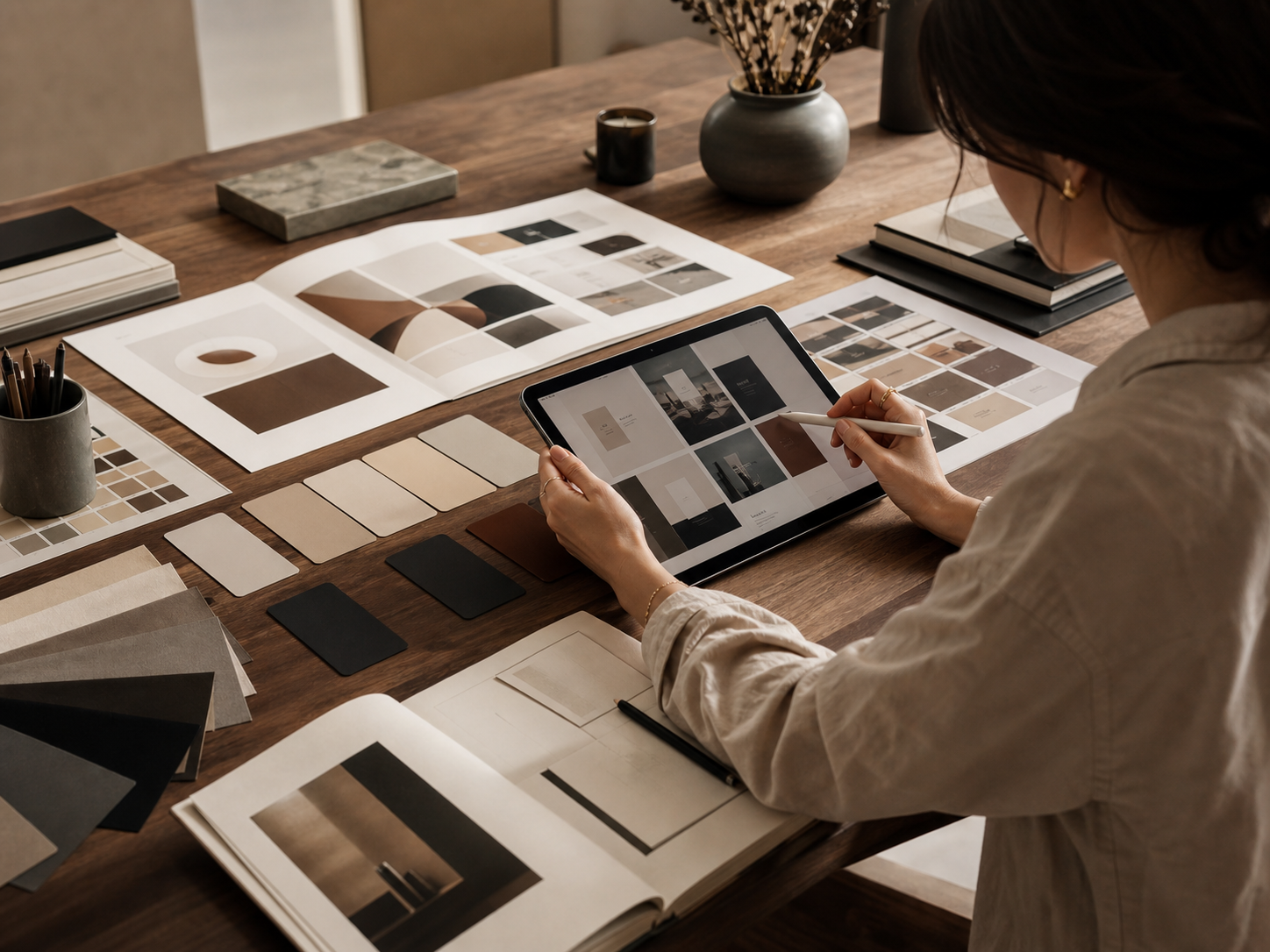 A designer comparing brand systems, interface studies, and tactile visual materials on a warm studio table.