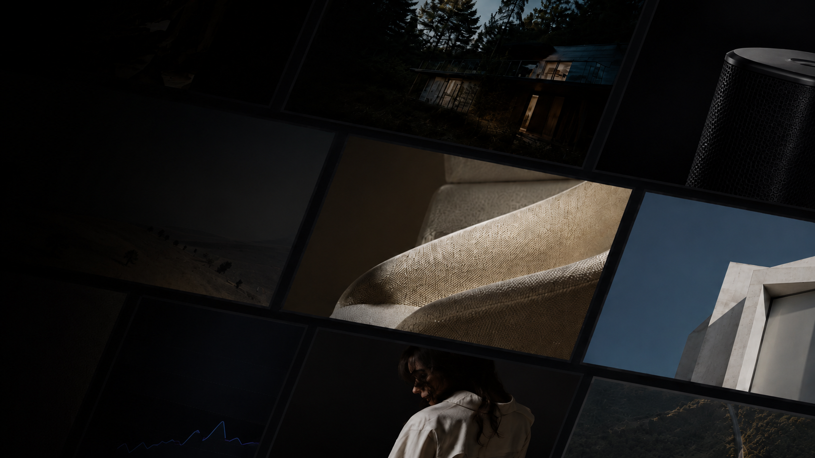 A dark gallery wall of project images showing architecture, interiors, and visual work.