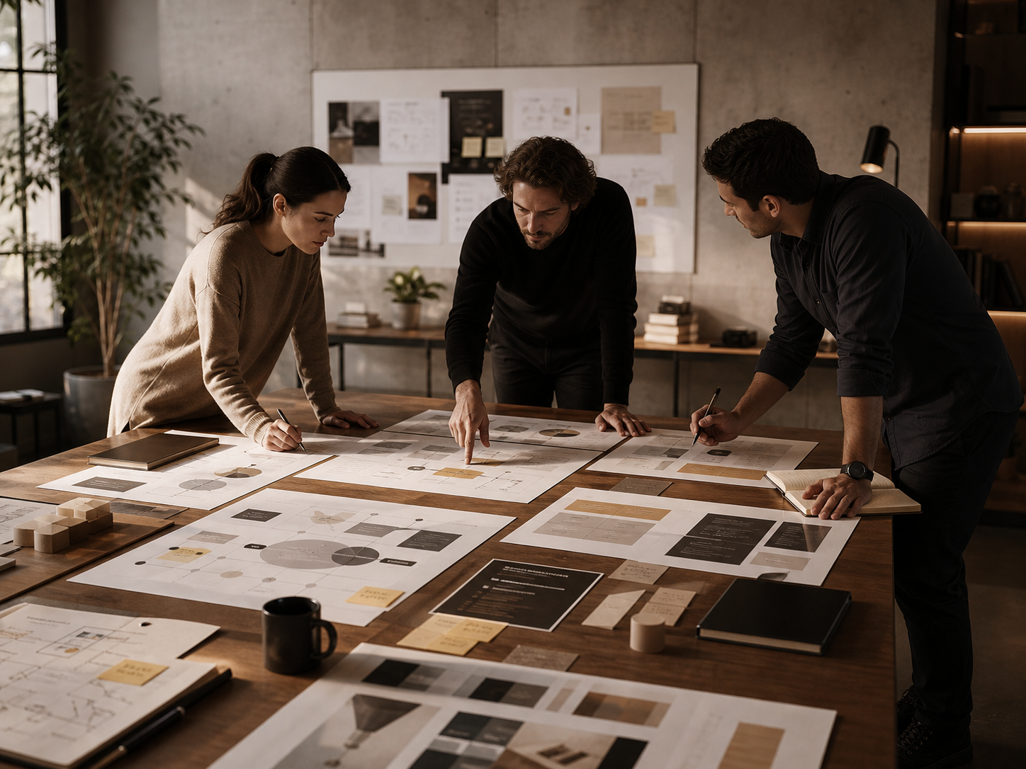 Strategists mapping a venture roadmap with market diagrams, prototype artifacts, and go-to-market plans.