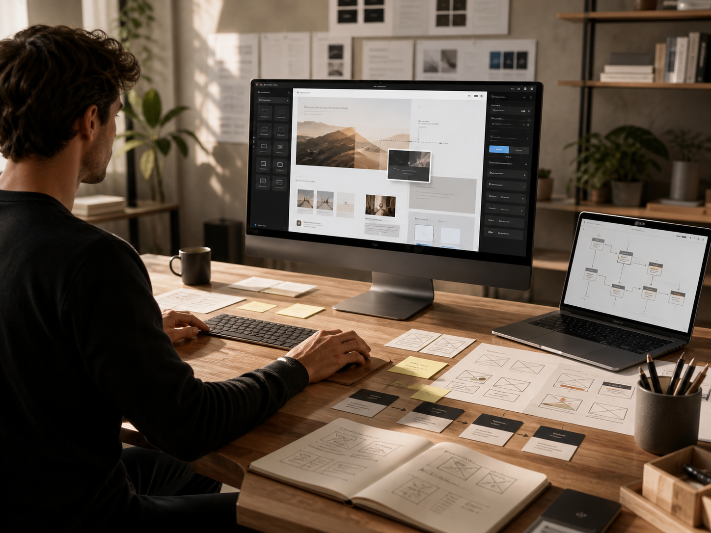 A web creator assembling modular layouts, sitemap sketches, and platform screens in a modern studio.